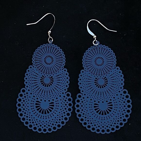 Vintage Style Boho Filigree Tiered Circle Navy Dark Blue Drop Earrings NWT - Picture 3 of 8